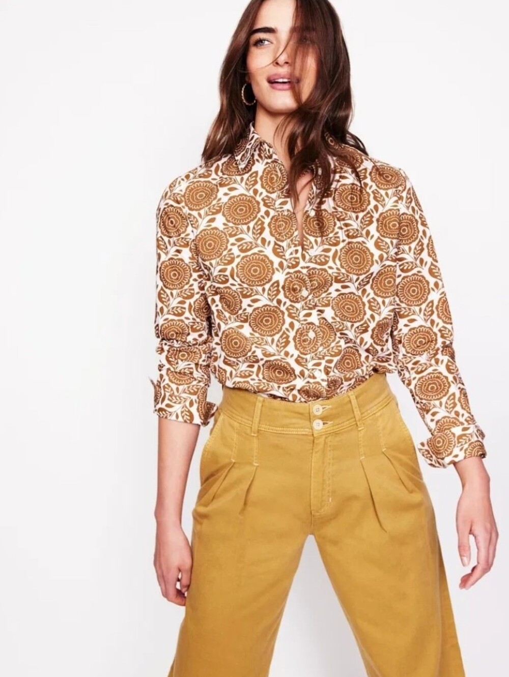 Boden White Shirt with Brown Geometric Circles